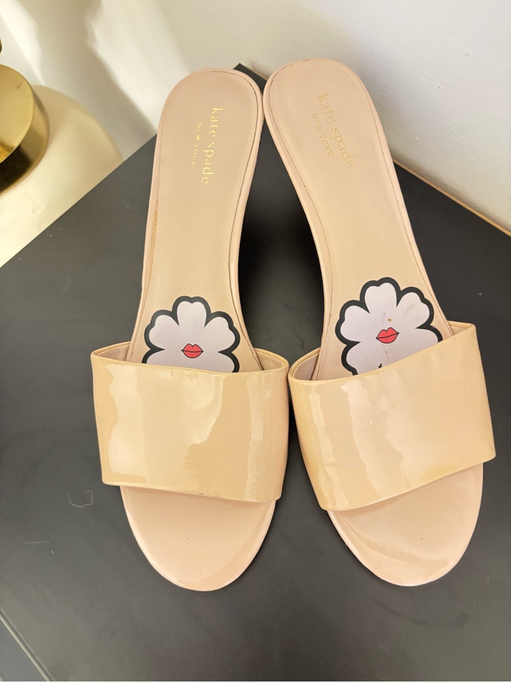 kate spade Beige Patent Leather Slide Mules